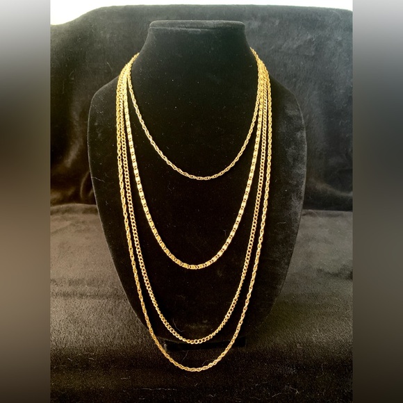 Goldette NY Signed Necklace 4 Strand Chain Layered Goldtone Bow Clasp Vintage - Picture 2 of 10